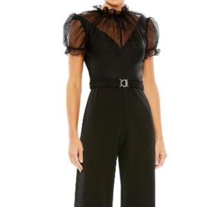 Ieena for Mac Duggal - BELTED ILLUSION HIGH NECK CAP SLEEVE JBLACK UMPSUIT